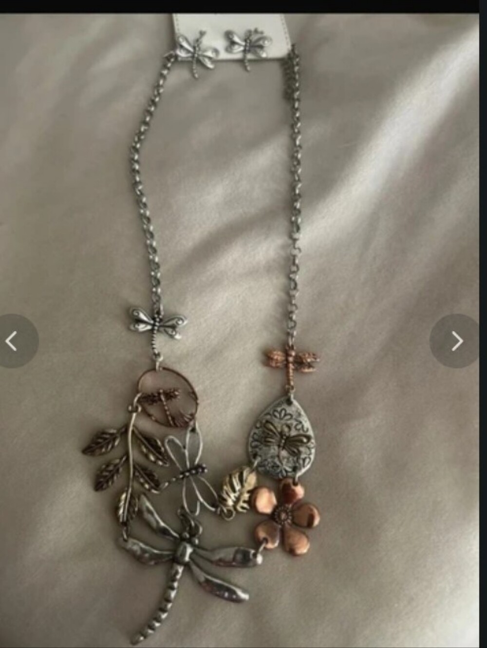 NWT Story By Davinci Mixed Metal Dragonfly & Floral Pendant Necklace & Earring-